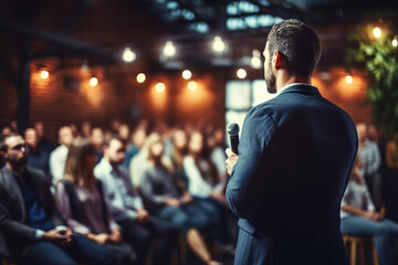 Fototapeta premium Inspirational Public Speaker Engaging the Audience with a Captivating Talk as People Blur in the Background. created with Generative AI