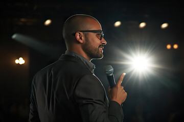 Spotlight Success Confident Speaker Man Captivating the Crowd at Corporate Business Event and Conference Hall. Stand-Up Comedian on Stage. created with Generative AI
