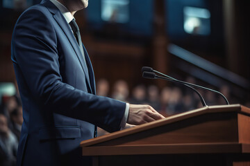 Government Communication Organization Representative, Press Officer, and Minister Addressing Press Conference, Summit, and Congress Hearing. created with Generative AI