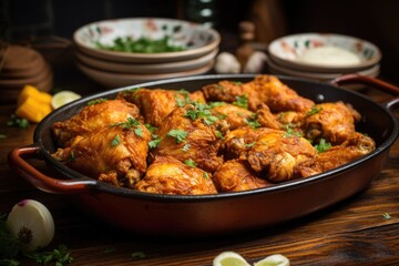 Fototapeta premium beautifully cooked fried chicken in a serving dish
