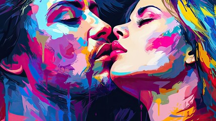 Passionate  kiss between charming handsome lovers. Colorfull image of loving couple. Cropped close up profile. Illustration for cover, card, postcard, interior design, decor or print. - obrazy, fototapety, plakaty