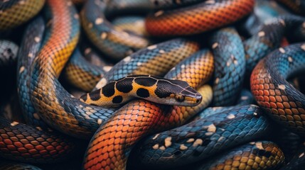 Fototapeta premium Snakes starts in the spring mating season. Many snakes gathered in the tangle. Illustration for cover, card, postcard, interior design, decor or print.