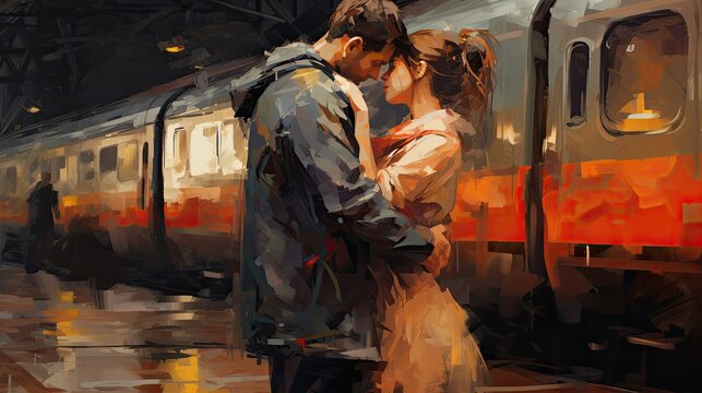 The guy and the girl are happily hugging at the stationafter long separation. Loving couple at train station saying goodbye before travel. Illustration for banner, poster, cover or presentation.