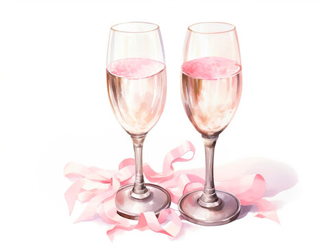 Two glasses of champagne with pink ribbon on a white background, isolated.AI Generated