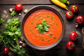 top view of a bowl of gazpacho with rustic background