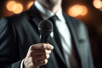 Business Man Holding Microphone, Delivering Speech in Suit for Audience Concept. Toasts, Karaoke, Talent Show, and Singing Contest. created with Generative AI