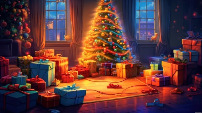Christmas Tree with Christmas Presents. Toys, Lights Isolated in a Cozy Room. Christmas Tree with Decorations. Christmas Presents. Christmas Tree With Baubles, Blurred Shiny Lights. Merry Christmas. © John Martin