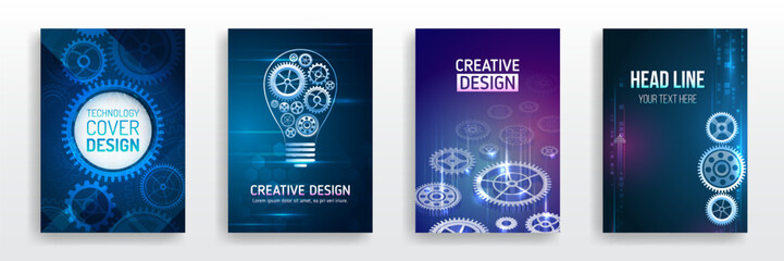 Blue set of hi-tech covers for presentation and marketing. Futuristic design for medical, scientific, computer flyers, brochures, and webinar pages. High-tech corporate document cover design.
