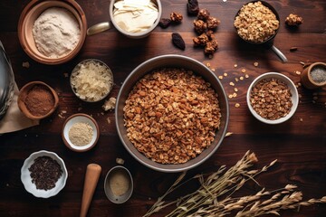 flat-lay of granola making process on kitchen counter