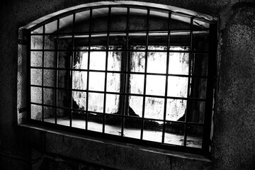 bars on the prison window, restriction of freedom, in confinement, deprivation of liberty,
