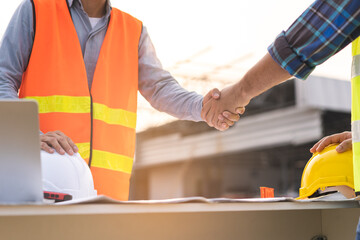 Engineer team building, teamwork contractor asian young man partnership, builder agreement...