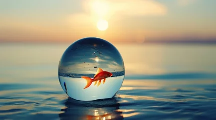 Fotobehang Playful Goldfish Leaping from Glass into Water AI Generated © AlexandraRooss