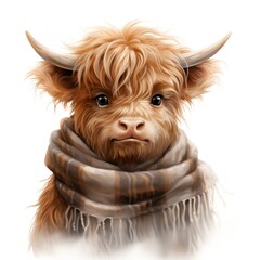 Adorable Baby Highland Cow with Scarf Clipart on White Background AI Generated