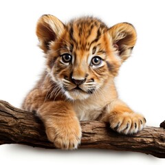 Obraz premium Adorable Lion Cub Resting on a Branch AI Generated