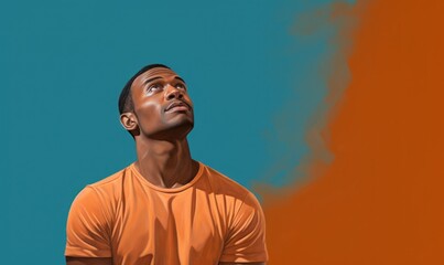 Obraz premium Man in Orange Shirt Thinking and Looking Up Against Blue Wall AI Generated