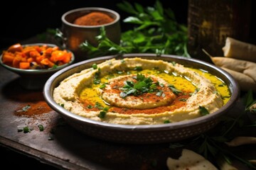 close-up of freshly made hummus in a bowl