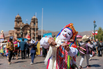 Dancers in typical costumes celebrate in honor of the Virgen del Carmen, in the square of Cusco, July 22, 2023, Peru - obrazy, fototapety, plakaty