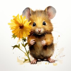 Adorable Mouse Holding a Yellow Flower - Watercolor Clipart AI Generated