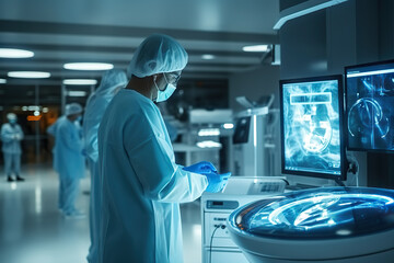 Futuristic Hospital with High-Tech Medical Expertise; Surgeon Team Performing Life-Saving Heart Operation on Monitor. created with Generative AI