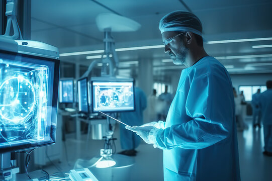 Futuristic Hospital with High-Tech Medical Expertise; Surgeon Team Performing Life-Saving Heart Operation on Monitor. created with Generative AI