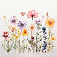 Fototapeta na wymiar Soft Pastel Field Flowers on White Background AI Generated