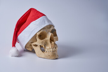 a skull with a red Santa Claus hat