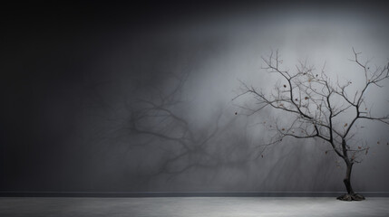 a dried tree that casts a shadow on a gray wall