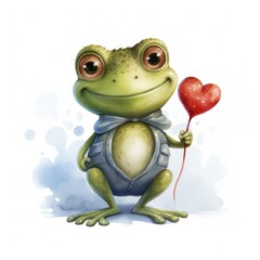 Obraz premium Smiley Frog Holding a Big Heart - Watercolor Clipart on White Background AI Generated