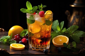 ice tea garnished with mint leaves and fruit slices