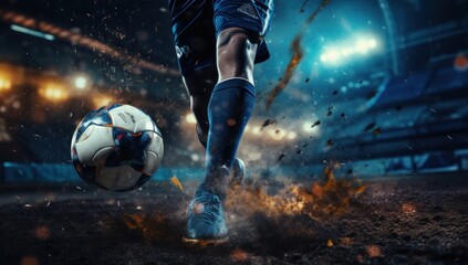 Fototapeta premium Soccer Player Kicking Ball with Blue Leg AI Generated