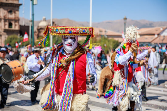 Dancers in typical costumes celebrate in honor of the Virgen del Carmen, in the square of Cusco, July 22, 2023, Peru