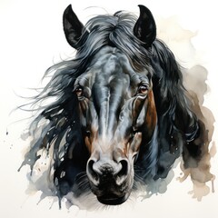 Obraz na płótnie Canvas Black Horse Watercolor Clipart on White Background AI Generated