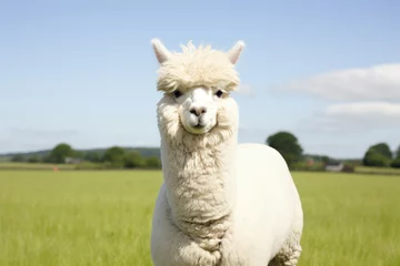 Deurstickers Close up of white alpaca looking straight ahead in the beautiful green meadow. AI generated © yuliachupina