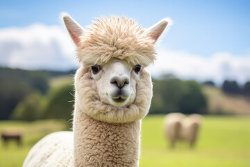 Obraz premium Close up of white alpaca looking straight ahead in the beautiful green meadow. AI generated