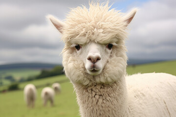 Close up of white alpaca looking straight ahead in the beautiful green meadow. AI generated