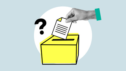 Suggestion box. Suggestion process information concept. Ballot box with person vote on blank voting...