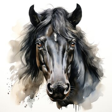 Black Horse Watercolor Clipart on White Background AI Generated