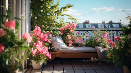 a small flowery balcony with a small bed and a view of the big house