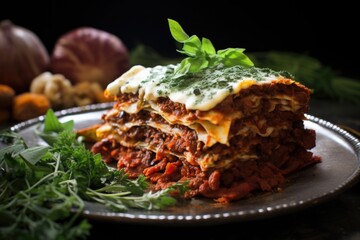 close-up of lasagna layers and ingredients - obrazy, fototapety, plakaty