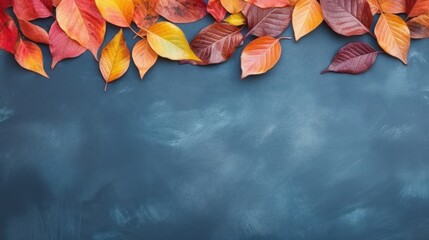Autumn Leaves on Blue Slate Background - Top View AI Generated