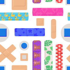 Seamless pattern with colorful medical plaster patches flat vector illustration.