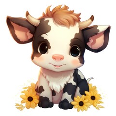 Adorable Cartoon Style Clipart of a Cute Baby Cow with Minimalist Sunflowers AI Generated