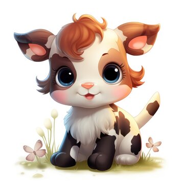 Adorable Baby Cow with Butterfly - Cartoon Style Clipart AI Generated