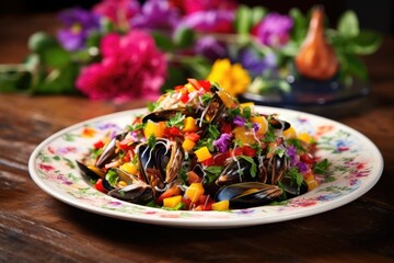 Fototapeta na wymiar steamed mussels plated with a colorful salad