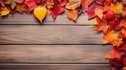 Naklejka na ściany i meble Hello Autumn: Heart Greeting Card with Colorful Leaves on Wooden Board AI Generated