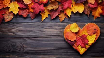 Naklejka na ściany i meble Hello Autumn: Heart Greeting Card with Colorful Leaves on Wooden Board AI Generated