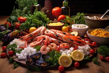 paella preparation: fresh seafood and vegetables arrangement
