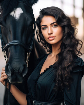 Vertical portrait of a beautiful woman next to a black horse. Generative AI.