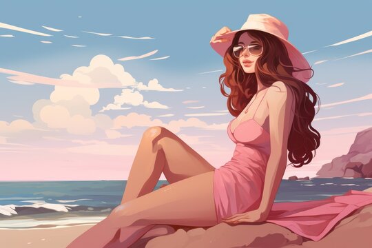 Young Girl Relaxing at the Beach in Flat Colors AI Generated
