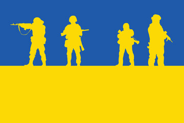 Obraz premium Image of the Ukrainian flag - Blue and yellow. Together with the silhouettes of the Ukrainian military. Day of the Ukrainian flag. Ukrainian Military Man Silhouette Vector Illustration